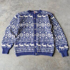Vintage Norway Design Handknit Blue White Fair Isle Moose Wool Cardigan Sweater